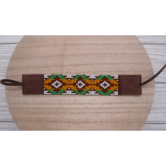 Loom Beaded Bracelet Brown, Green, & Orange w/ Vegan Leather - Picture 2 of 4